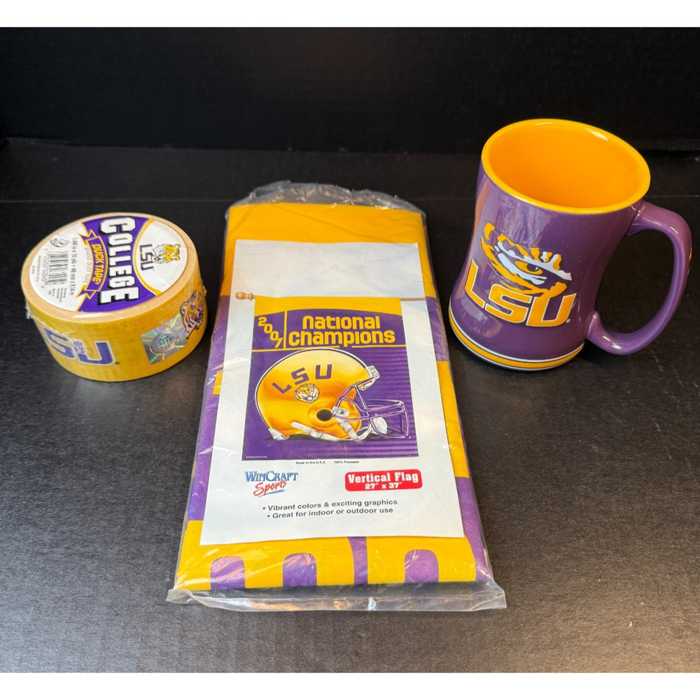 LSU Tigers Lot Mug, Duck Tape 10 yds, & 2007 Natl. Champs Flag